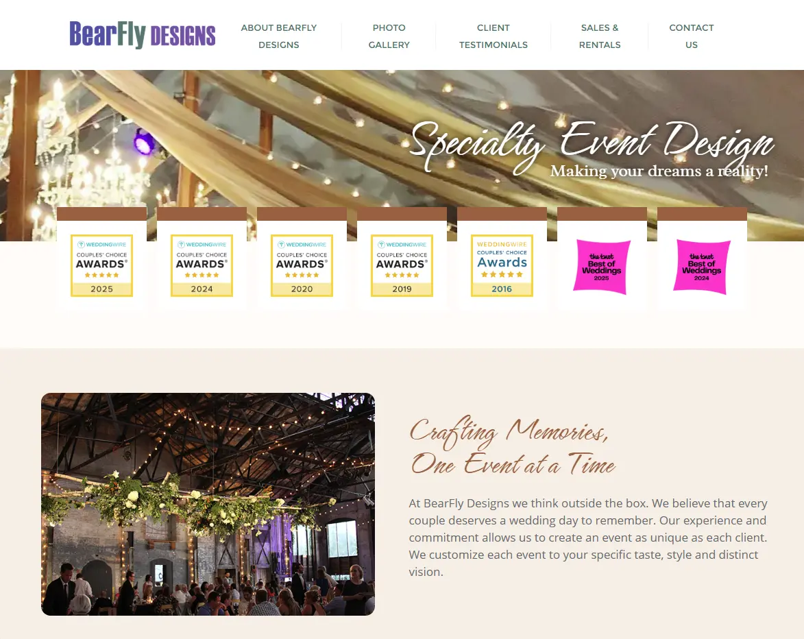 Screenshot of BearFly Designs homepage showcasing their event lighting and decor services, with tagline “Crafting Memories, One Event at a Time.