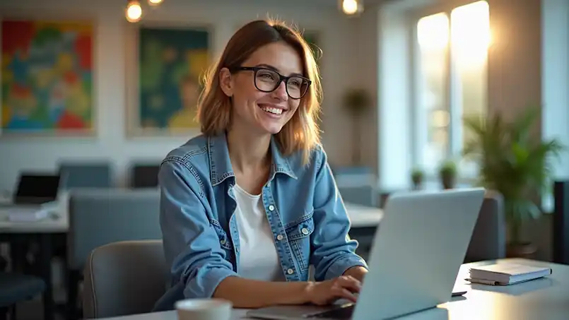 Smiling professional working on a laptop—ready to launch email and social media marketing campaigns that feel clear, consistent, and easy to manage.