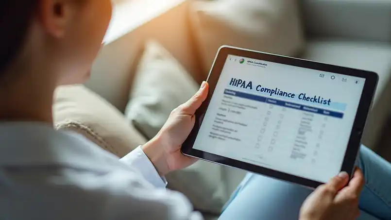 Therapist reviewing HIPAA compliance checklist on tablet in their office, focused on protecting patient data with clear, audit-ready support tools